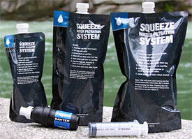 The small and portable Sawyer Squeeze filter system. Also good for emergencies.